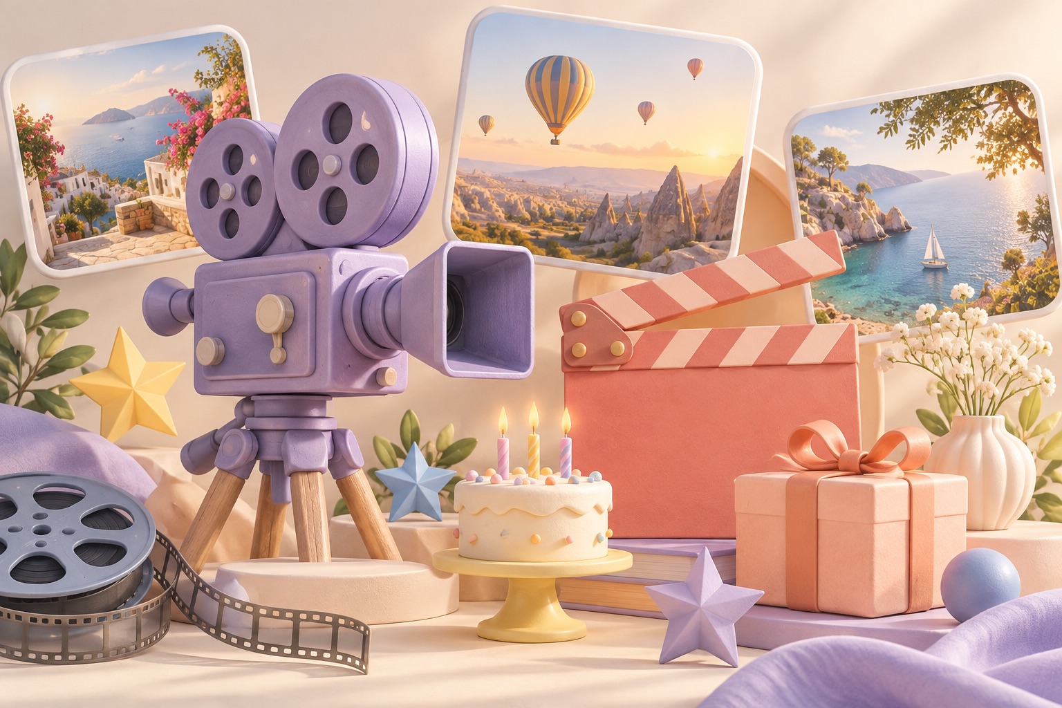Pastel renkli video kamera, klaket, anı fotoğrafları, doğum günü pastası ve hediye kutusundan oluşan yaratıcı stüdyo illüstrasyonu